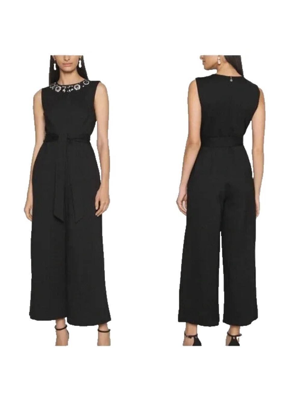 Kate Spade Embellished Ponte Jumpsuit Small Black Sleeveless Jeweled Statement